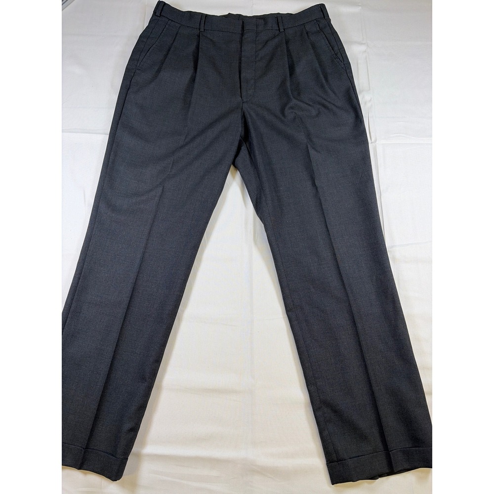 Vintage 80s Lands End Mens 38 Wool Pleated Cuffed Dress Pants Charcoal Gray USA